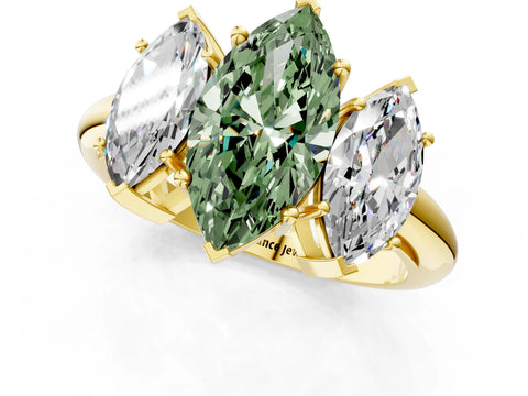 Yellow gold Three-Stone Fancy Green Marquise Cut Cut Diamond Engagement Ring with Prong Setting on a White Gold Band_1