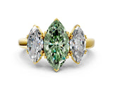 Yellow gold Three-Stone Fancy Green Marquise Cut Cut Diamond Ring with Channel Set Band and Four-Prong Setting