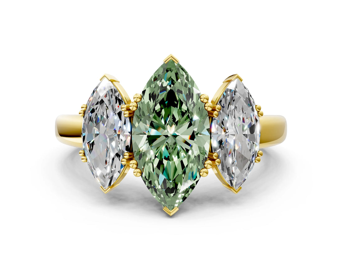 Yellow gold Three-Stone Fancy Green Marquise Cut Cut Diamond Ring with Channel Set Band and Four-Prong Setting_24