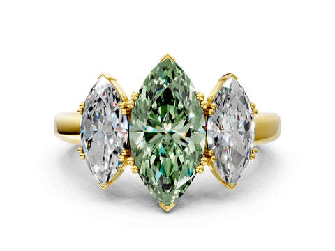 Yellow gold Three-Stone Fancy Green Marquise Cut Cut Diamond Ring with Channel Set Band and Four-Prong Setting