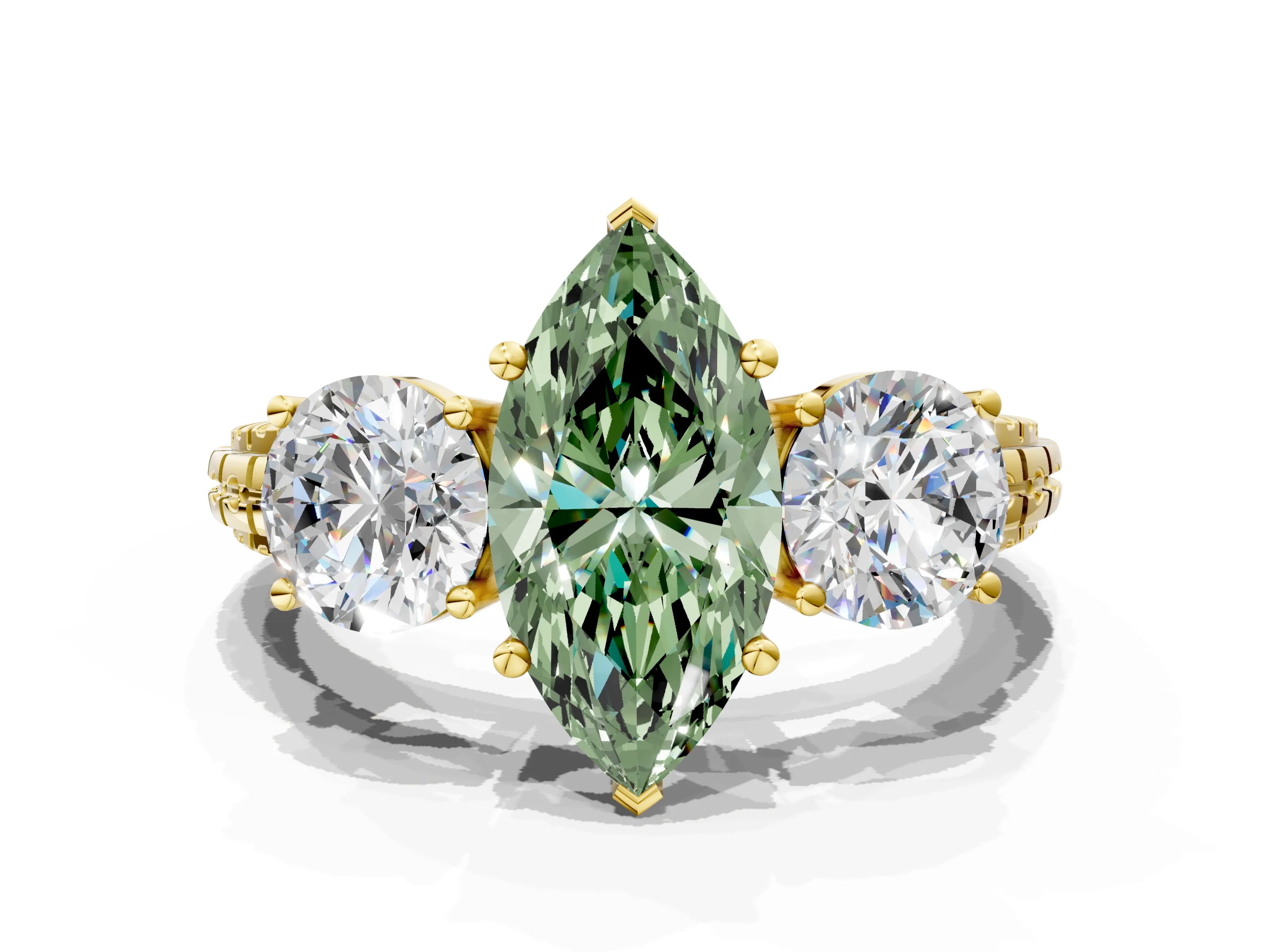 Yellow gold Three-Stone Fancy Green Marquise Cut Cut Diamond Ring with Channel-Set Band and Prong Setting
