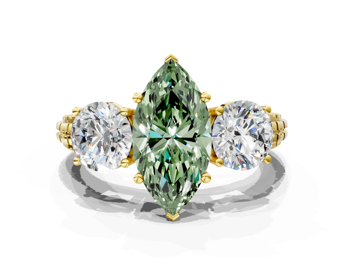 Yellow gold Three-Stone Fancy Green Marquise Cut Cut Diamond Ring with Channel-Set Band and Prong Setting