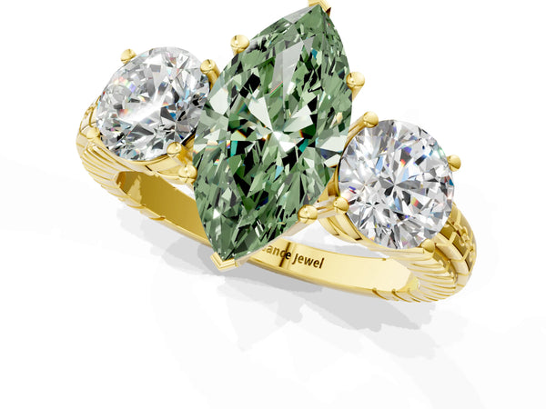 Yellow gold Three-Stone Fancy Green Marquise Cut Cut Diamond Ring with Channel-Set Band and Prong Setting