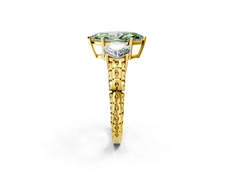 Yellow gold Three-Stone Fancy Green Marquise Cut Cut Diamond Ring with Channel-Set Band and Prong Setting_2