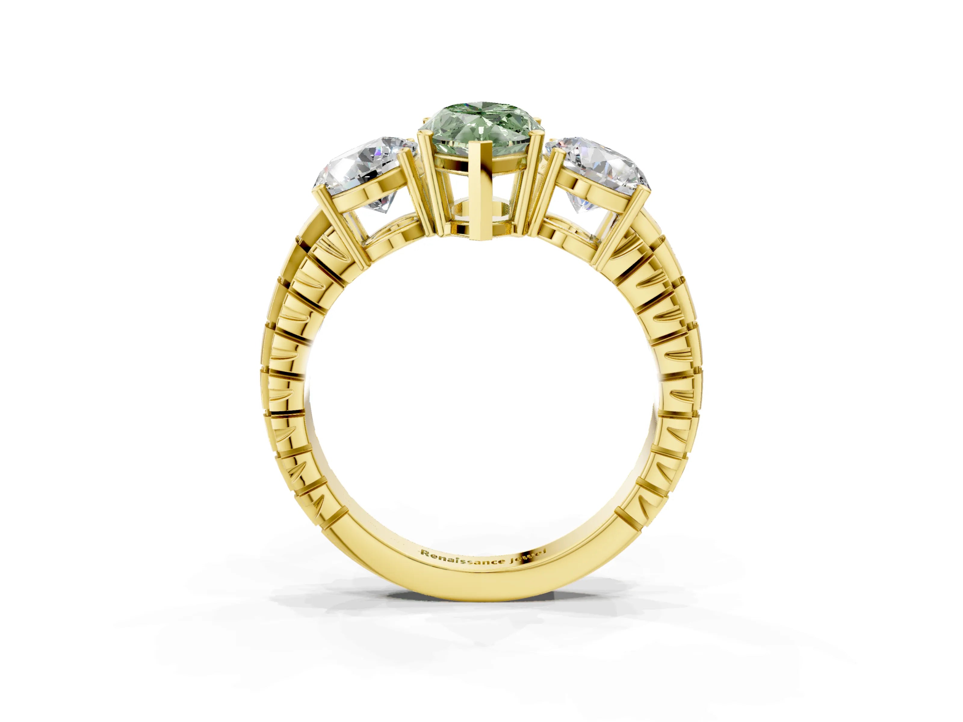 Yellow gold Three-Stone Fancy Green Marquise Cut Cut Diamond Ring with Channel-Set Band and Prong Setting_3