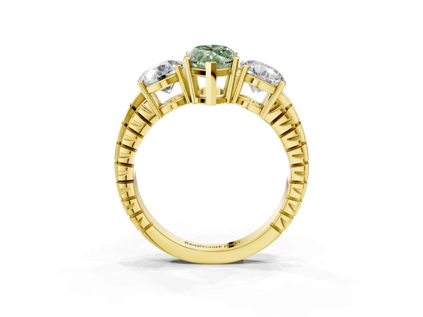 Yellow gold Three-Stone Fancy Green Marquise Cut Cut Diamond Ring with Channel-Set Band and Prong Setting