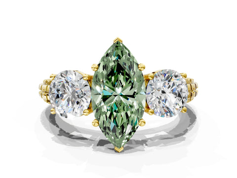Yellow gold Three-Stone Fancy Green Marquise Cut Cut Diamond Ring with Channel-Set Band and Prong Setting