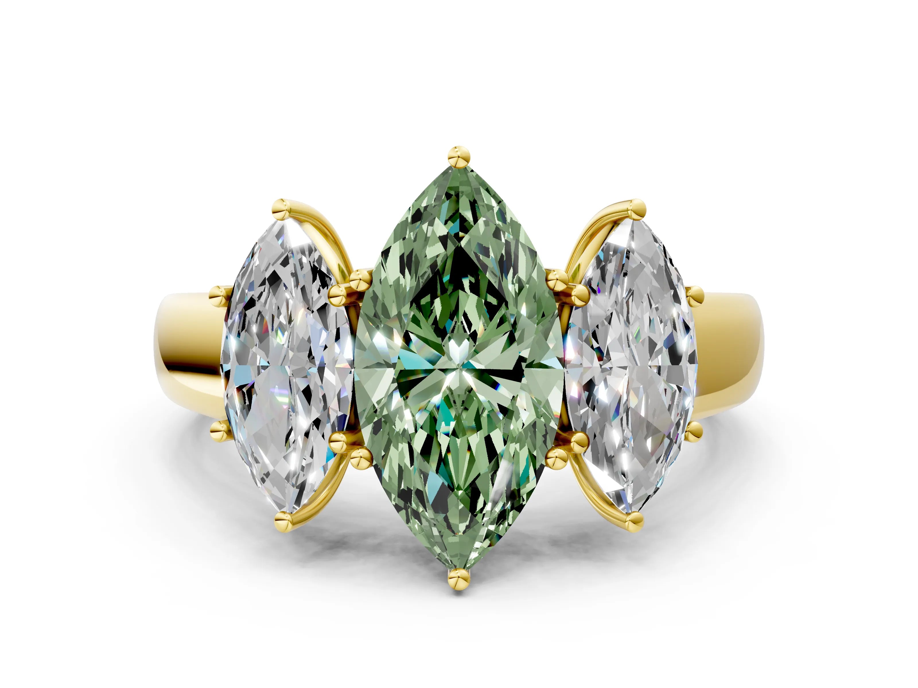 Yellow gold Three-Stone Fancy Green Marquise Cut Cut Diamond Ring with Prong Setting and Classic Band