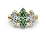 Yellow gold Three-Stone Fancy Green Marquise Cut Cut Diamond Ring with Prong Setting and Classic Band