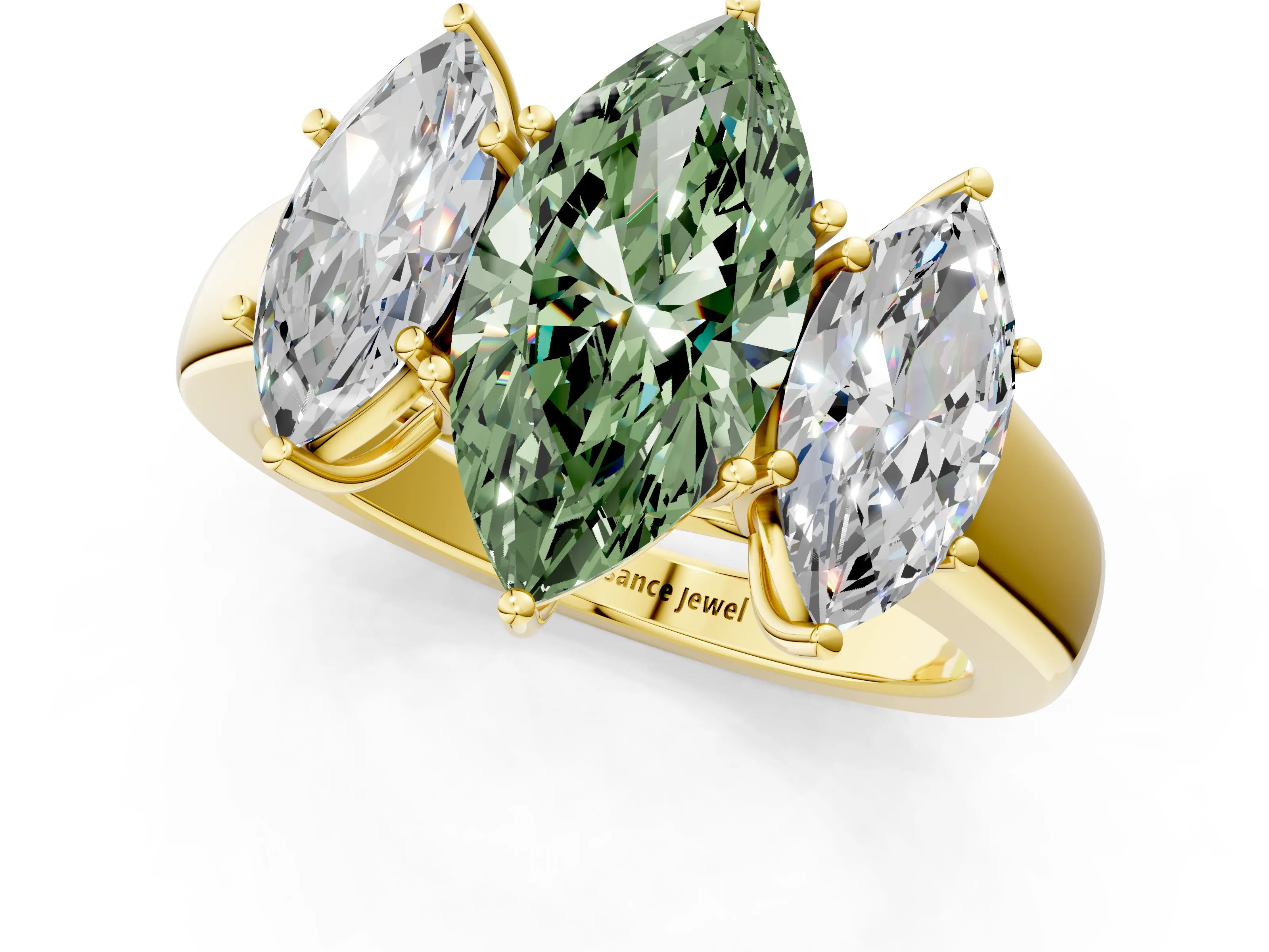 Yellow gold Three-Stone Fancy Green Marquise Cut Cut Diamond Ring with Prong Setting and Classic Band_1