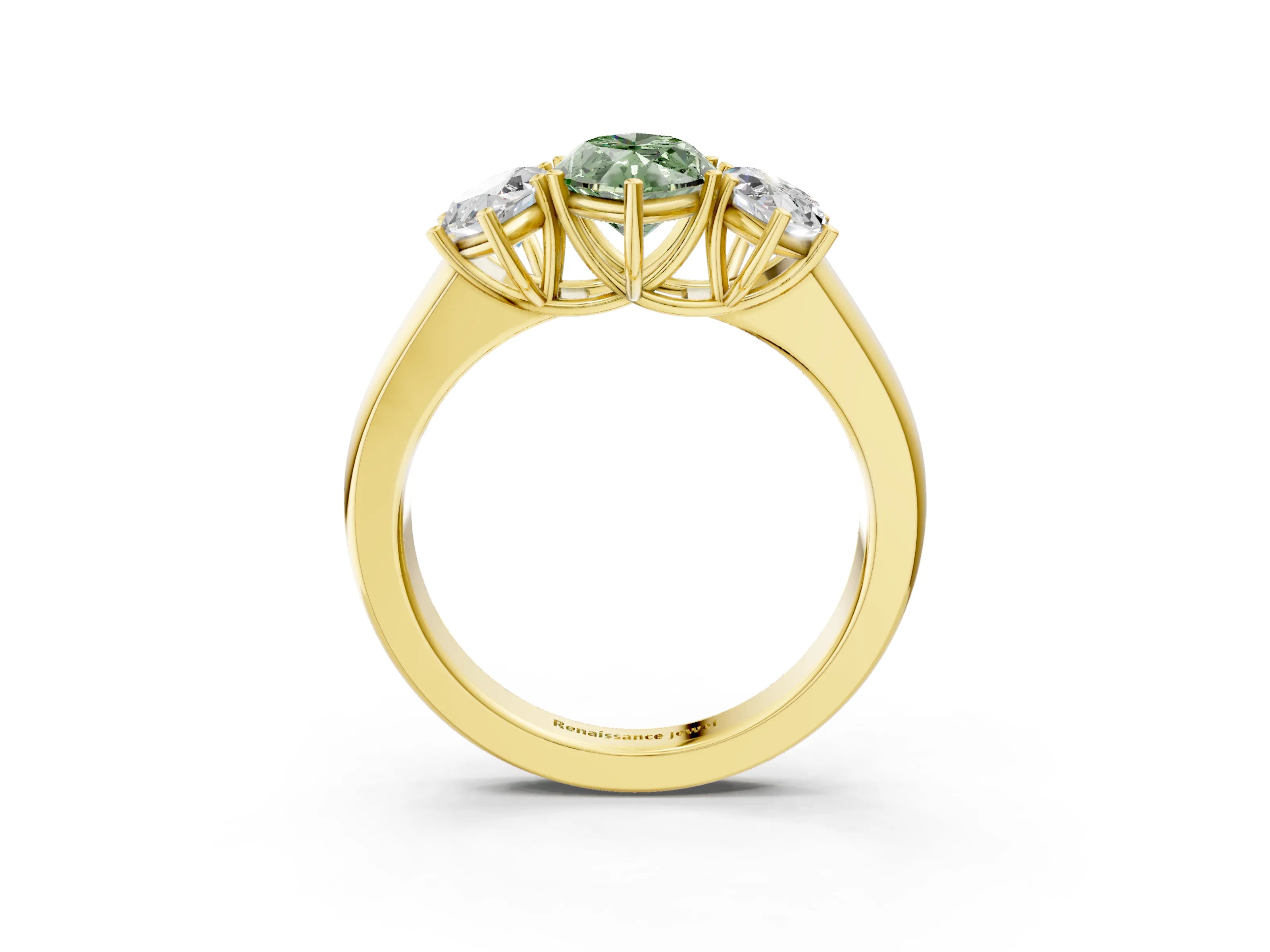 Yellow gold Three-Stone Fancy Green Marquise Cut Cut Diamond Ring with Prong Setting and Classic Band_3