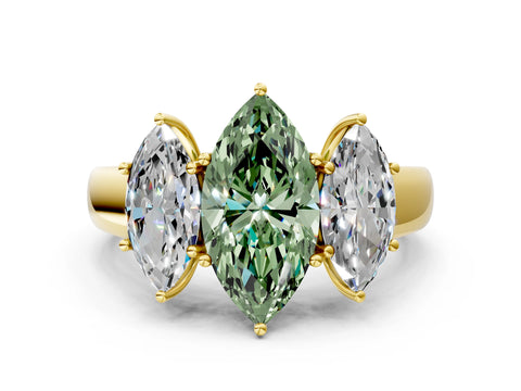 Yellow gold Three-Stone Fancy Green Marquise Cut Cut Diamond Ring with Prong Setting and Classic Band