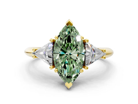 Yellow gold Three-Stone Fancy Green Marquise Cut Cut Diamond Ring with Trillion Side Stones and Four-Prong Setting_3