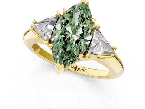 Yellow gold Three-Stone Fancy Green Marquise Cut Cut Diamond Ring with Trillion Side Stones and Four-Prong Setting_4