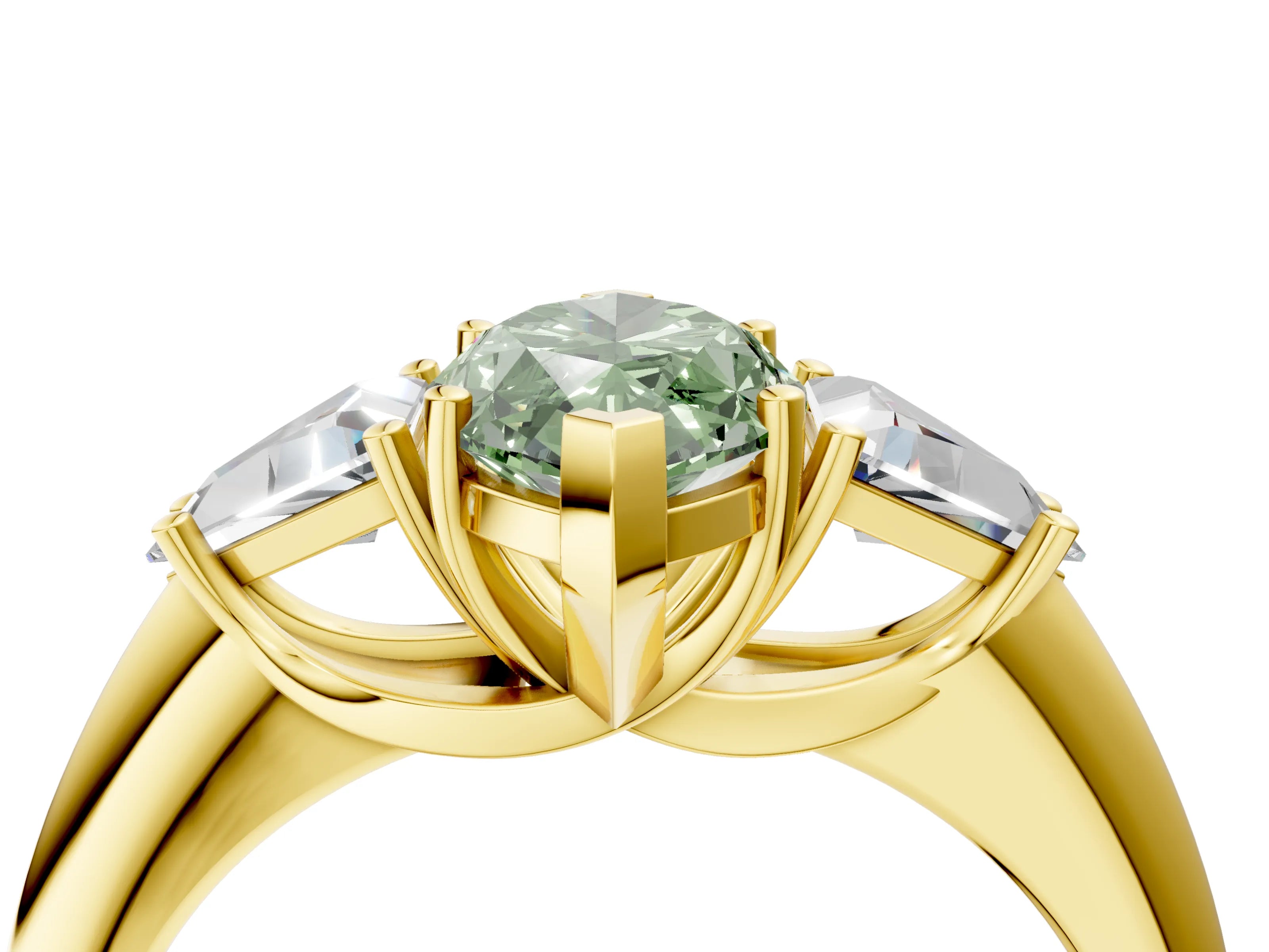 Yellow gold Three-Stone Fancy Green Marquise Cut Cut Diamond Ring with Trillion Side Stones and Four-Prong Setting_7