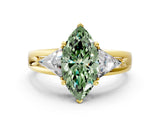 Yellow gold Three-Stone Fancy Green Marquise Cut Cut Diamond Ring with Trillion Side Stones on a Split Shank Band