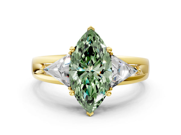 Yellow Gold Marquise Split Shank Three Stone Engagement Ring Setting for Fancy Green Center