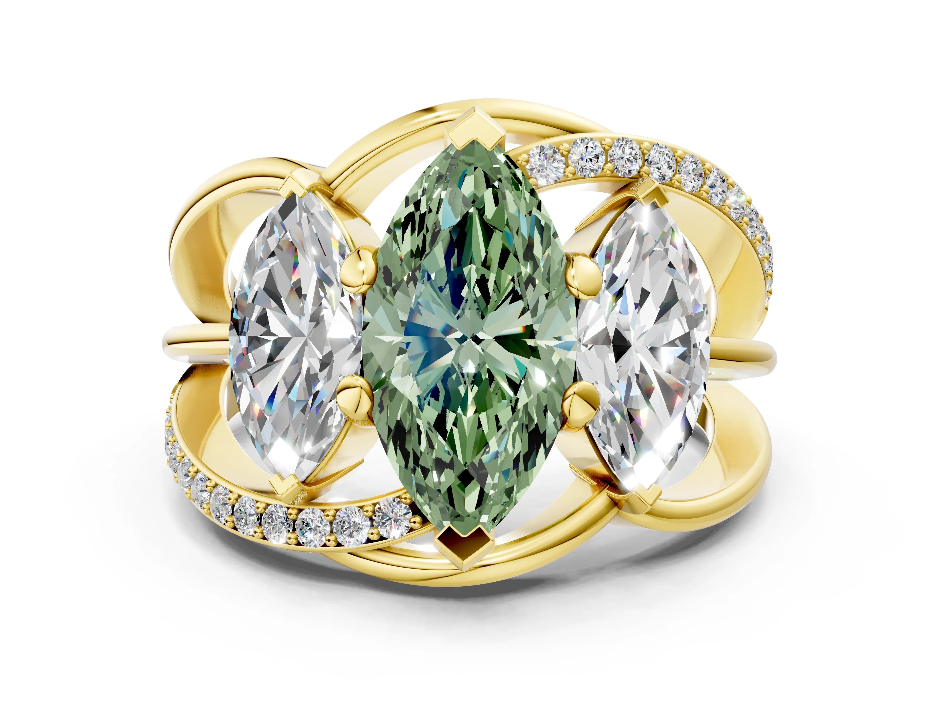 Yellow gold Three-Stone Fancy Green Marquise Cut Cut Diamond Split Shank Prong Set Ring