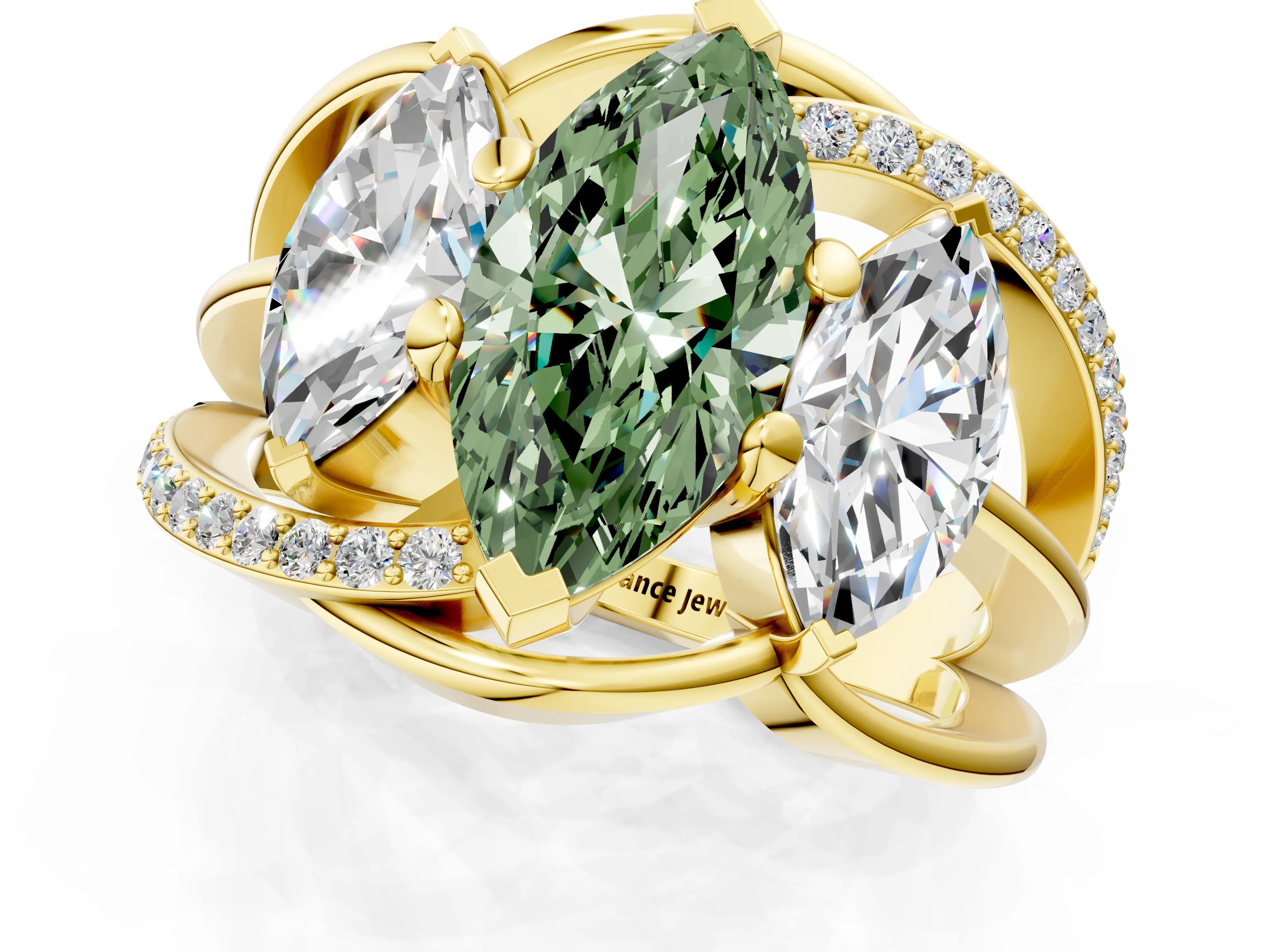 Yellow gold Three-Stone Fancy Green Marquise Cut Cut Diamond Split Shank Prong Set Ring_1