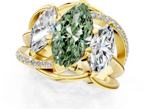 Yellow gold Three-Stone Fancy Green Marquise Cut Cut Diamond Split Shank Prong Set Ring_1