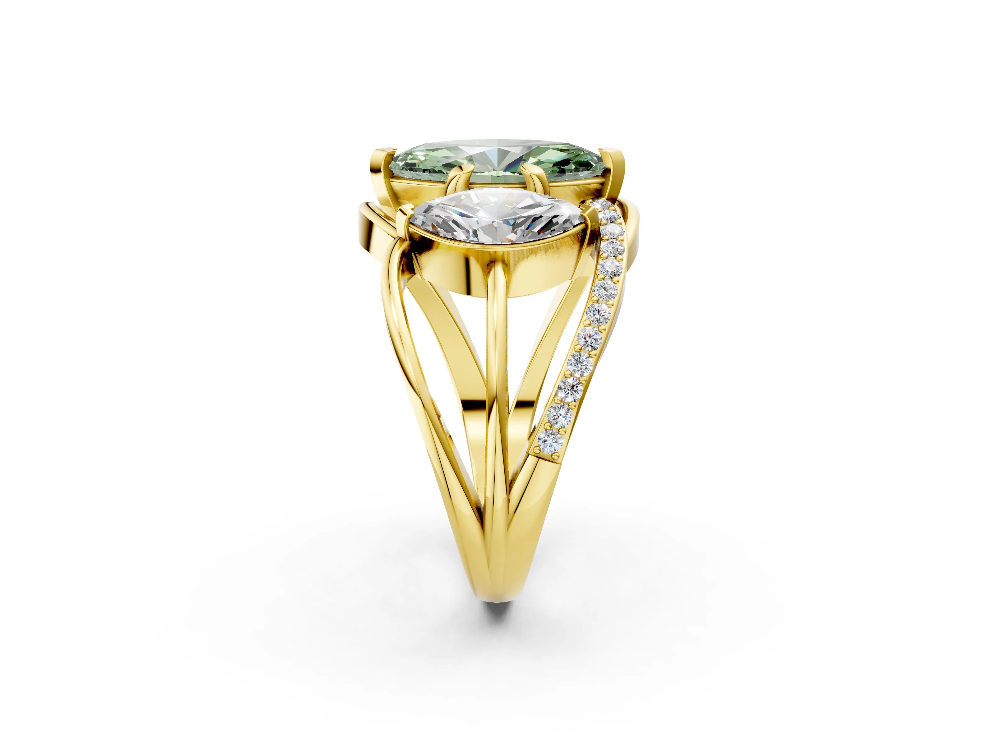 Yellow gold Three-Stone Fancy Green Marquise Cut Cut Diamond Split Shank Prong Set Ring_2