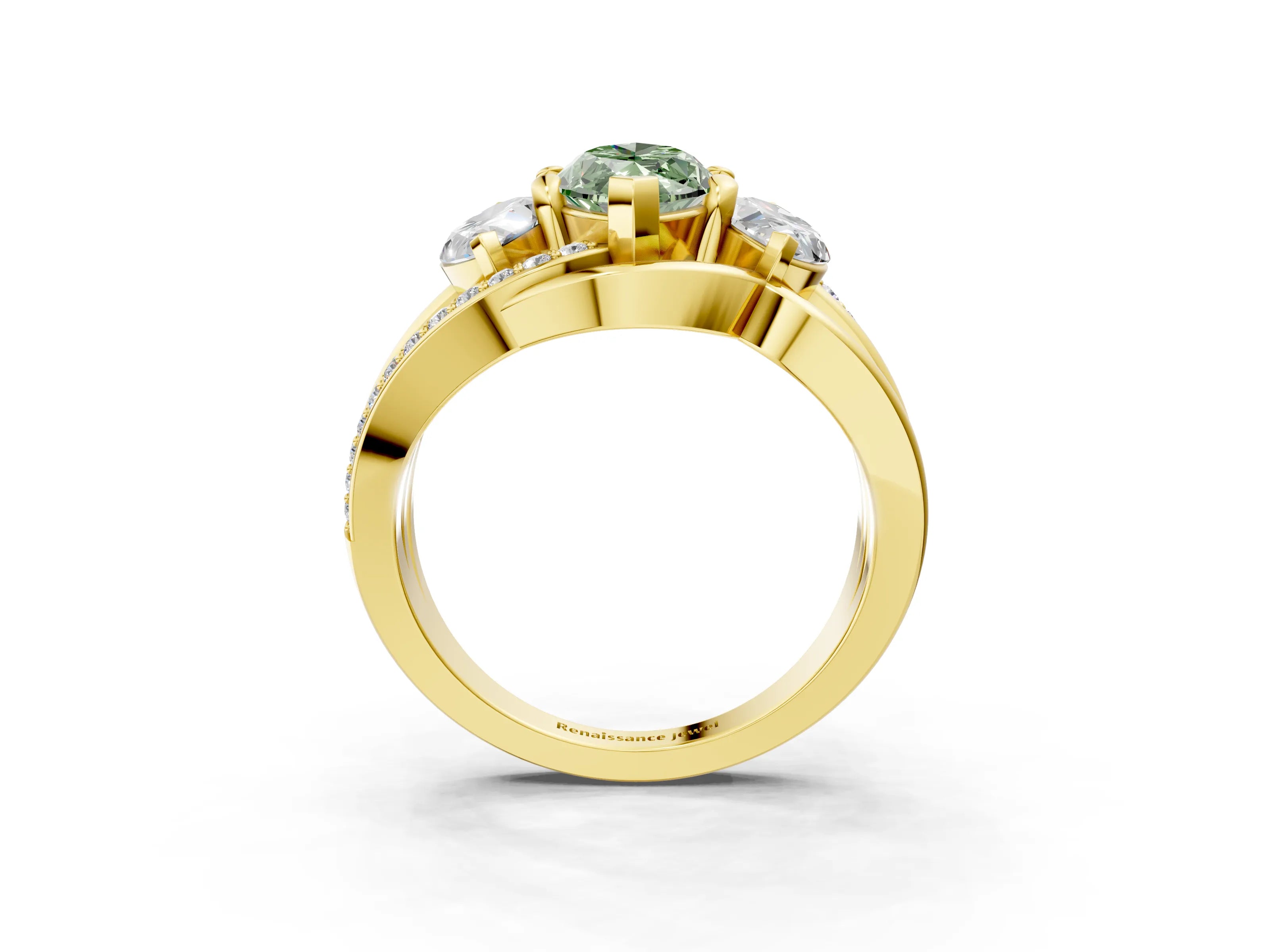 Yellow gold Three-Stone Fancy Green Marquise Cut Cut Diamond Split Shank Prong Set Ring_3