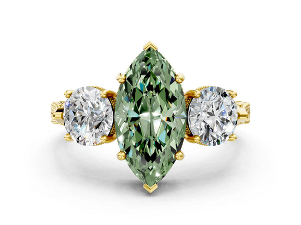 Yellow Gold Marquise Vintage Three Stone Engagement Ring Setting for Fancy Green Center