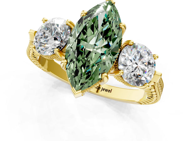 Yellow Gold Marquise Vintage Three Stone Engagement Ring Setting for Fancy Green Center