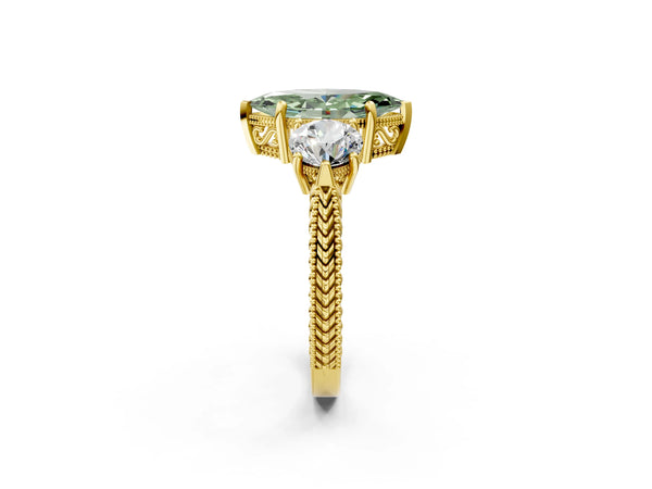 Yellow Gold Marquise Vintage Three Stone Engagement Ring Setting for Fancy Green Center