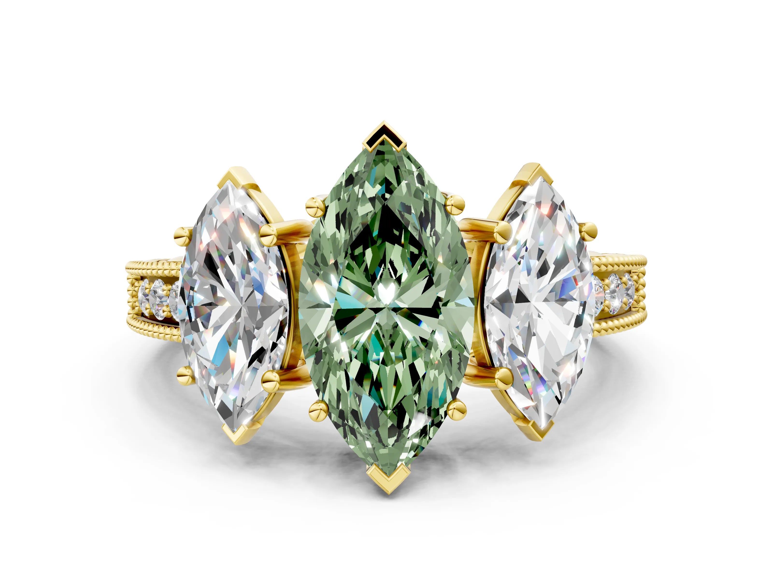Yellow gold Three-Stone Fancy Green Marquise Cut Cut Milgrain Pavé Engagement Ring