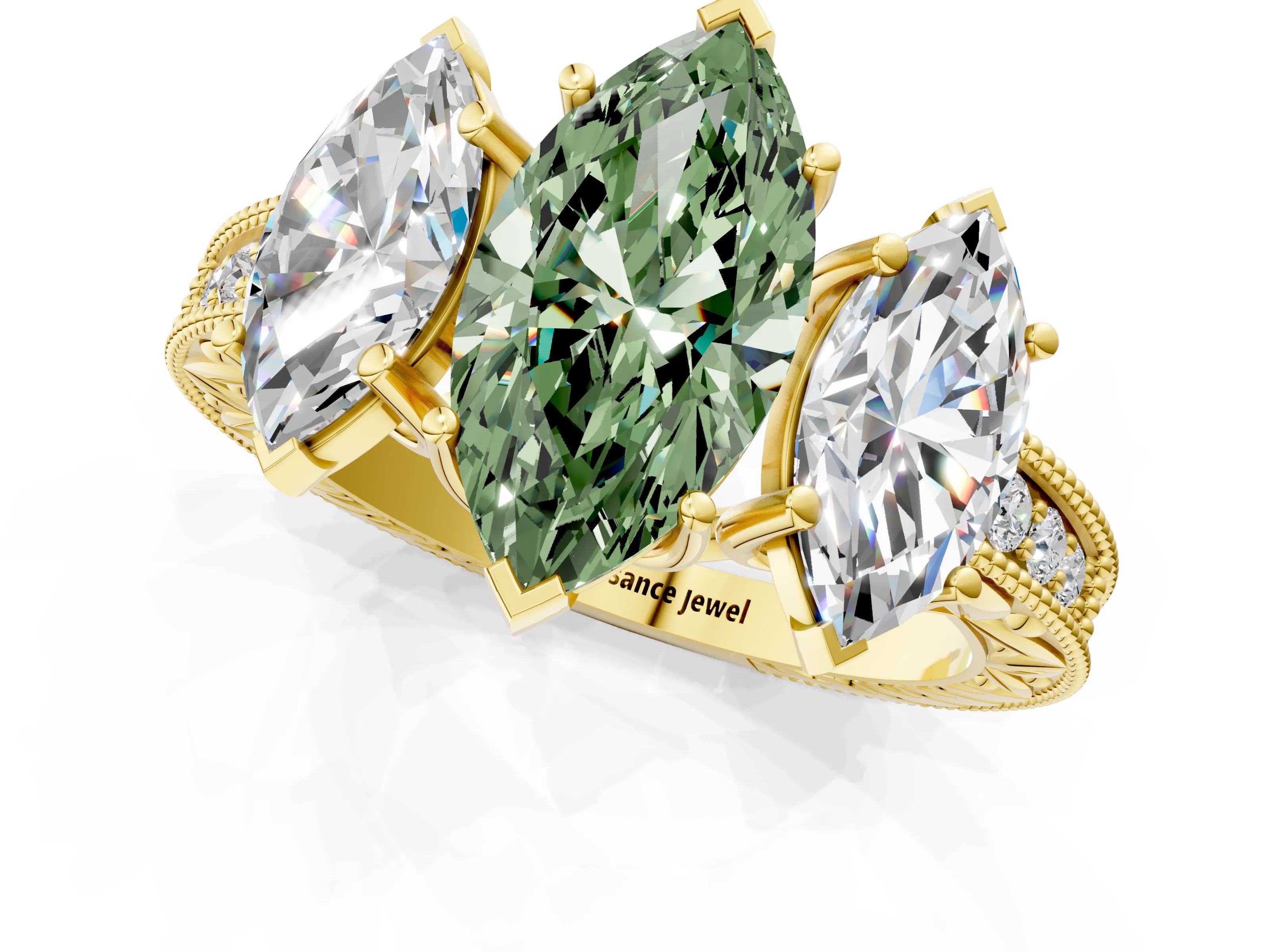 Yellow gold Three-Stone Fancy Green Marquise Cut Cut Milgrain Pavé Engagement Ring_1