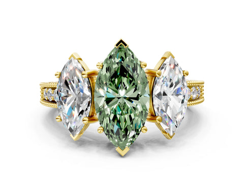 Yellow gold Three-Stone Fancy Green Marquise Cut Cut Milgrain Pavé Engagement Ring_12