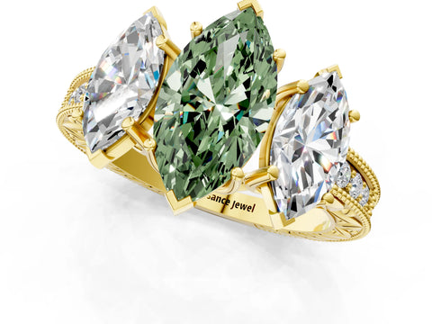 Yellow gold Three-Stone Fancy Green Marquise Cut Cut Milgrain Pavé Engagement Ring_13