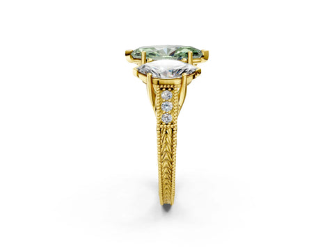 Yellow gold Three-Stone Fancy Green Marquise Cut Cut Milgrain Pavé Engagement Ring_14