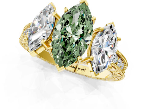 Yellow gold Three-Stone Fancy Green Marquise Cut Cut Milgrain Pavé Engagement Ring_1