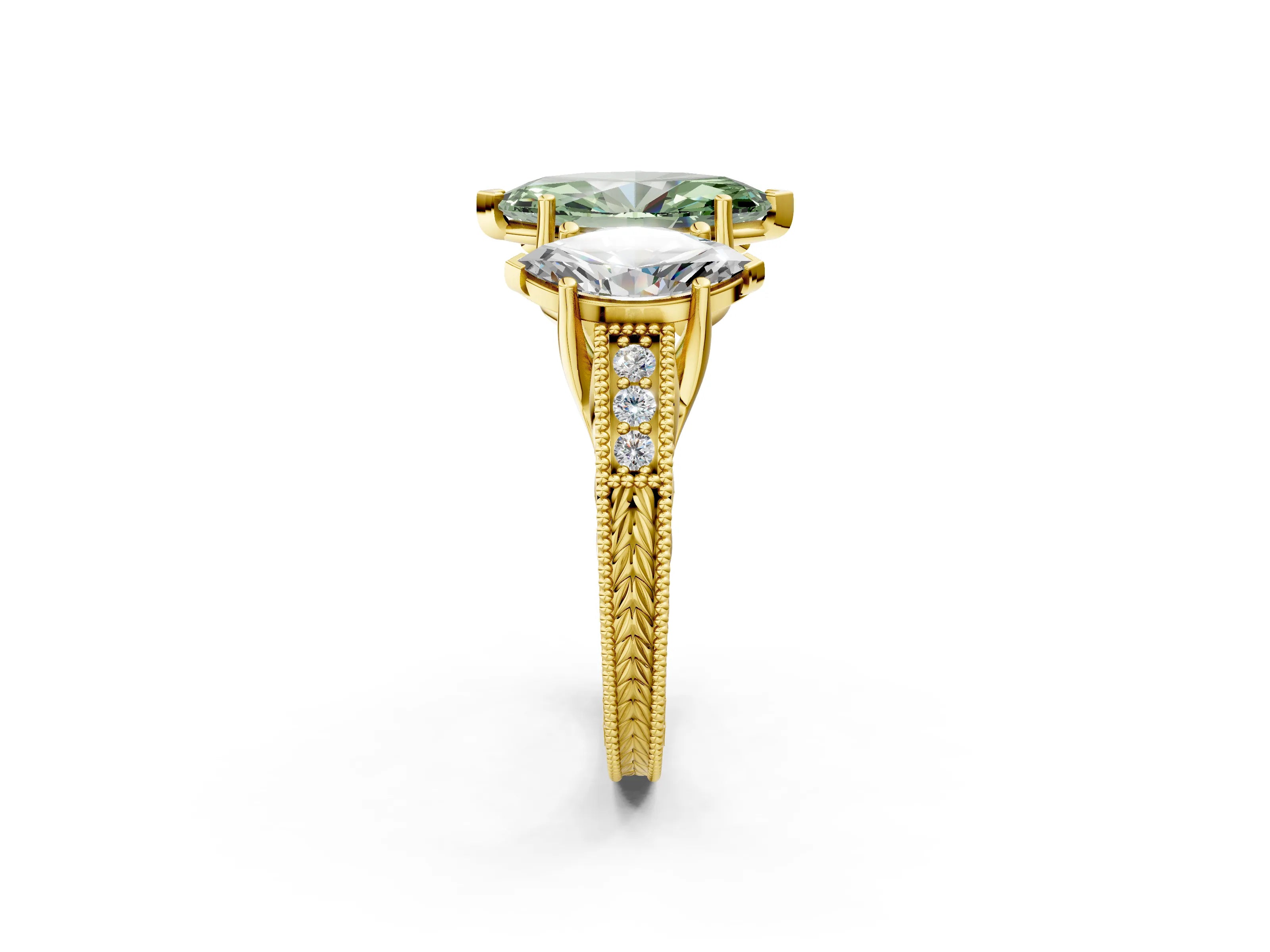 Yellow gold Three-Stone Fancy Green Marquise Cut Cut Milgrain Pavé Engagement Ring_2