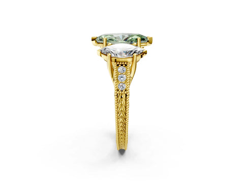 Yellow gold Three-Stone Fancy Green Marquise Cut Cut Milgrain Pavé Engagement Ring_2