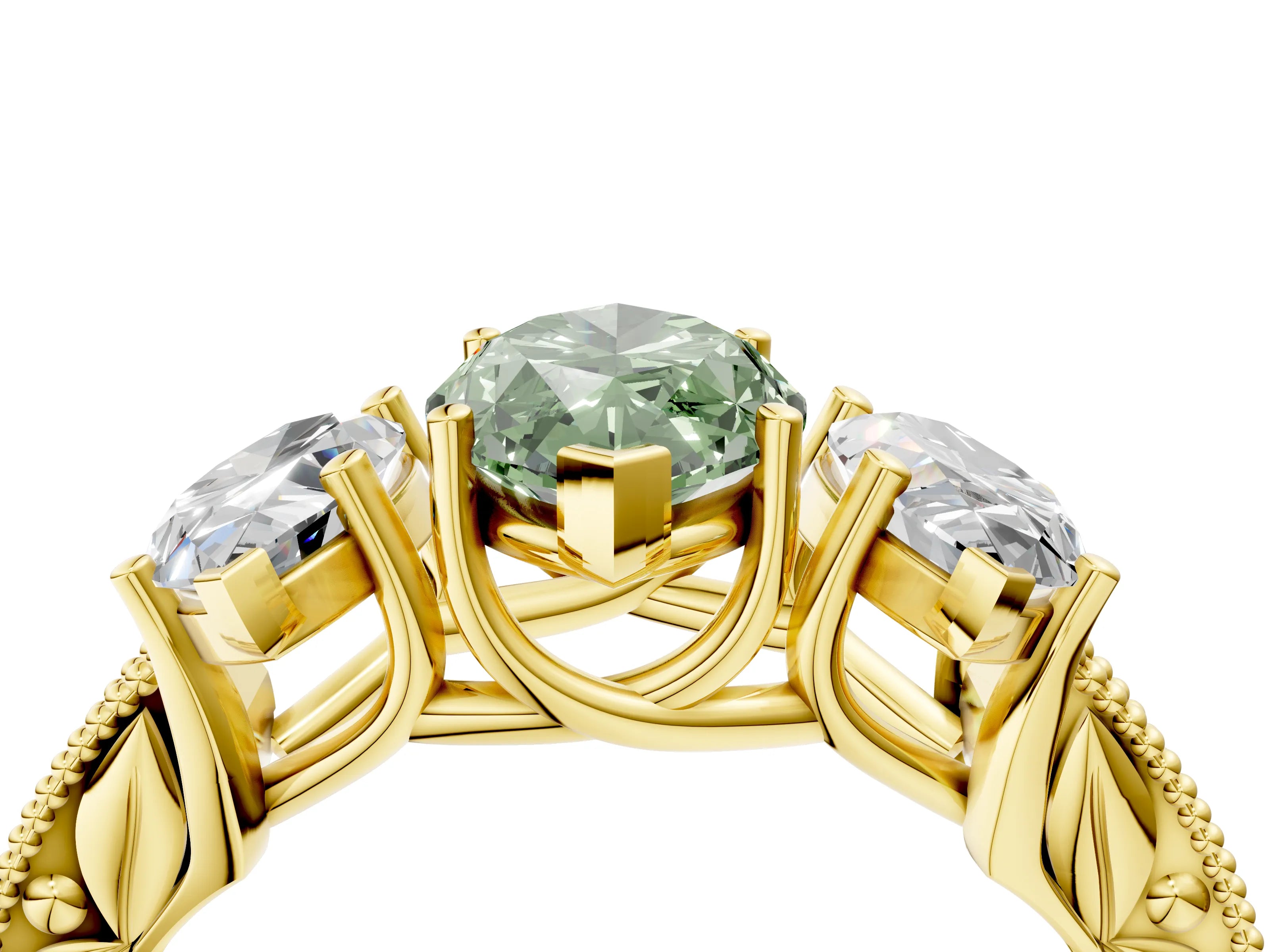 Yellow gold Three-Stone Fancy Green Marquise Cut Cut Milgrain Pavé Engagement Ring_4