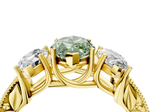Yellow gold Three-Stone Fancy Green Marquise Cut Cut Milgrain Pavé Engagement Ring_4