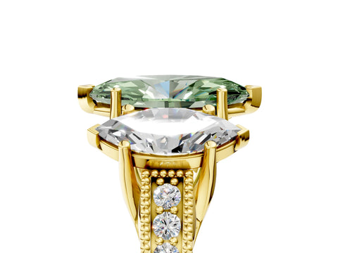 Yellow gold Three-Stone Fancy Green Marquise Cut Cut Milgrain Pavé Engagement Ring_5