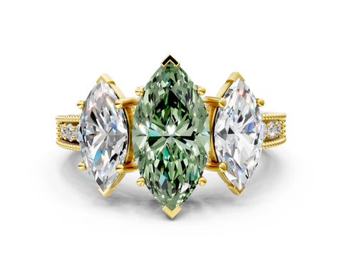 Yellow gold Three-Stone Fancy Green Marquise Cut Cut Milgrain Pavé Engagement Ring