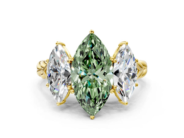 Yellow gold Three-Stone Fancy Green Marquise Cut Diamond Braided Band Ring with Four-Prong Setting