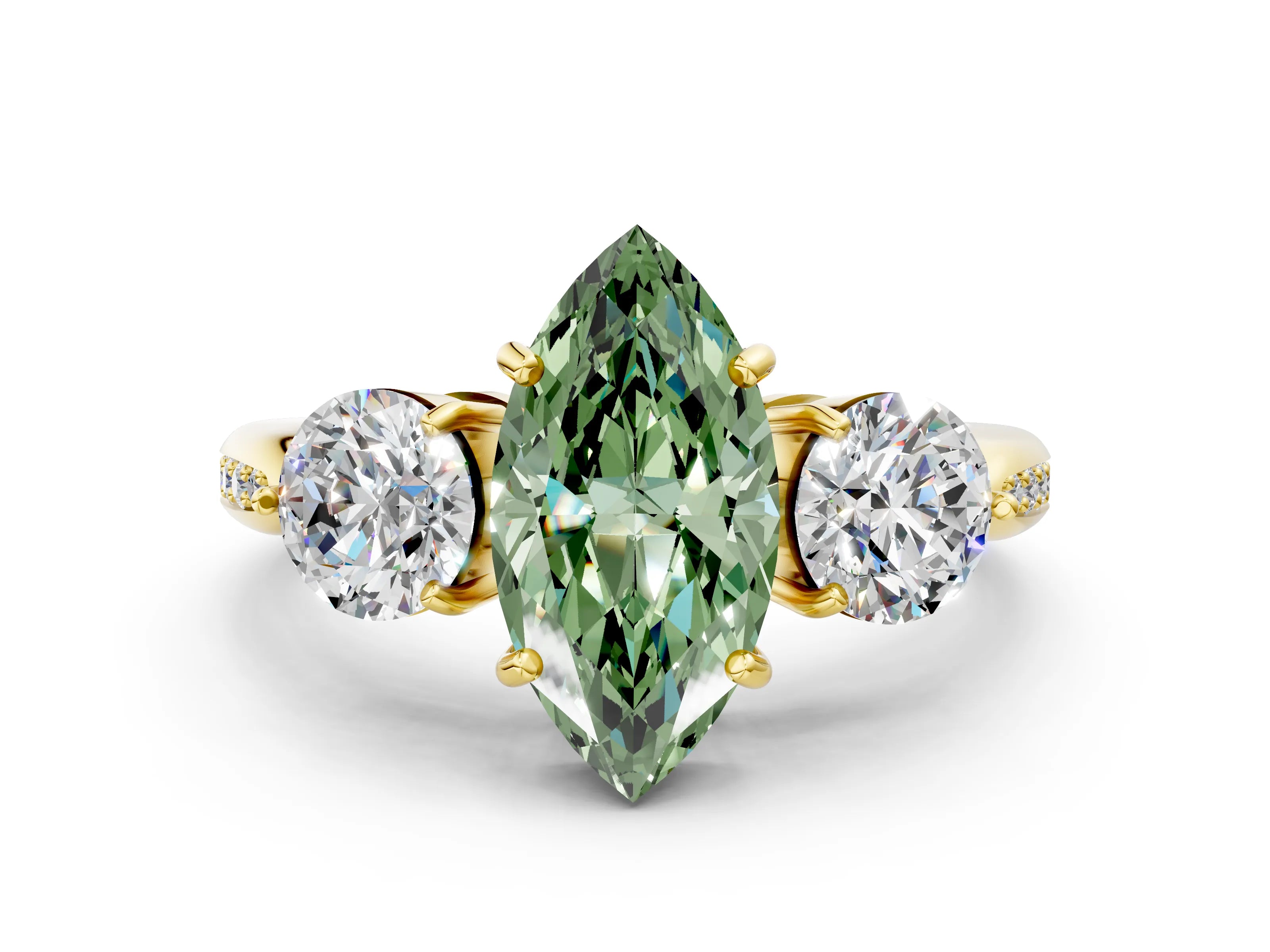 Yellow gold Three-Stone Fancy Green Marquise Cut Diamond Channel Set Engagement Ring with Prong Setting