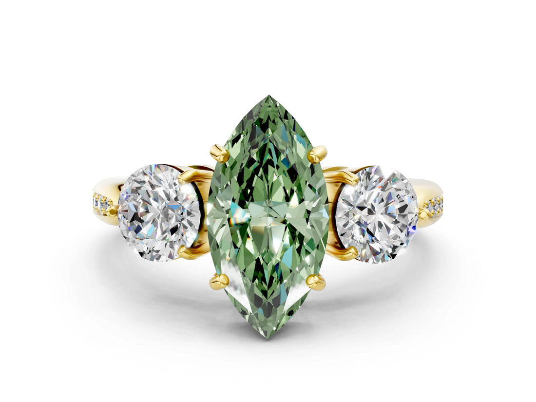 Yellow gold Three-Stone Fancy Green Marquise Cut Diamond Channel Set Engagement Ring with Prong Setting