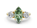Yellow gold Three-Stone Fancy Green Marquise Cut Diamond Channel Set Engagement Ring with Prong Setting