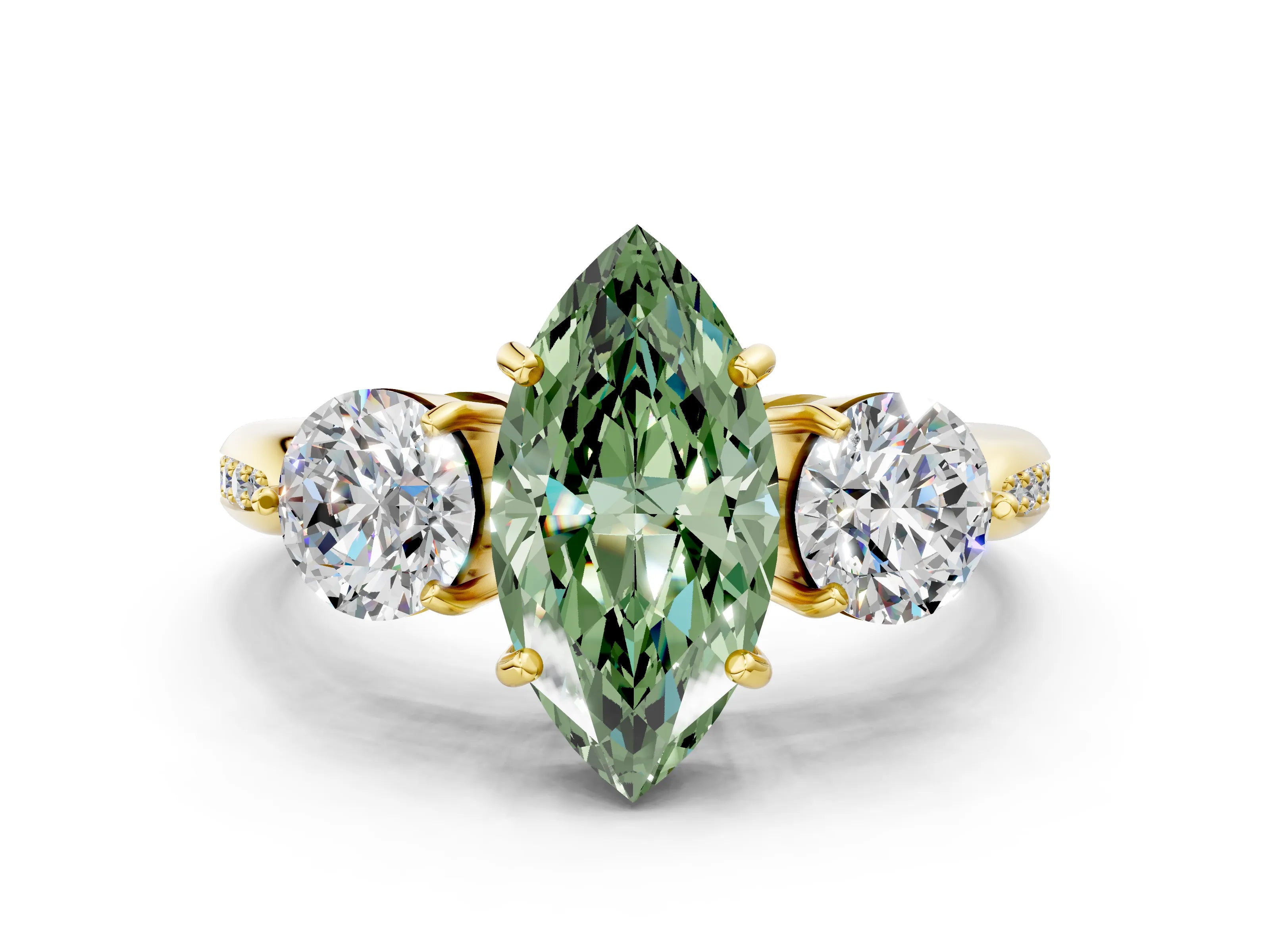 Yellow gold Three-Stone Fancy Green Marquise Cut Diamond Channel Set Engagement Ring with Prong Setting_12