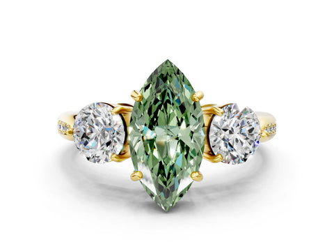 Yellow gold Three-Stone Fancy Green Marquise Cut Diamond Channel Set Engagement Ring with Prong Setting_12