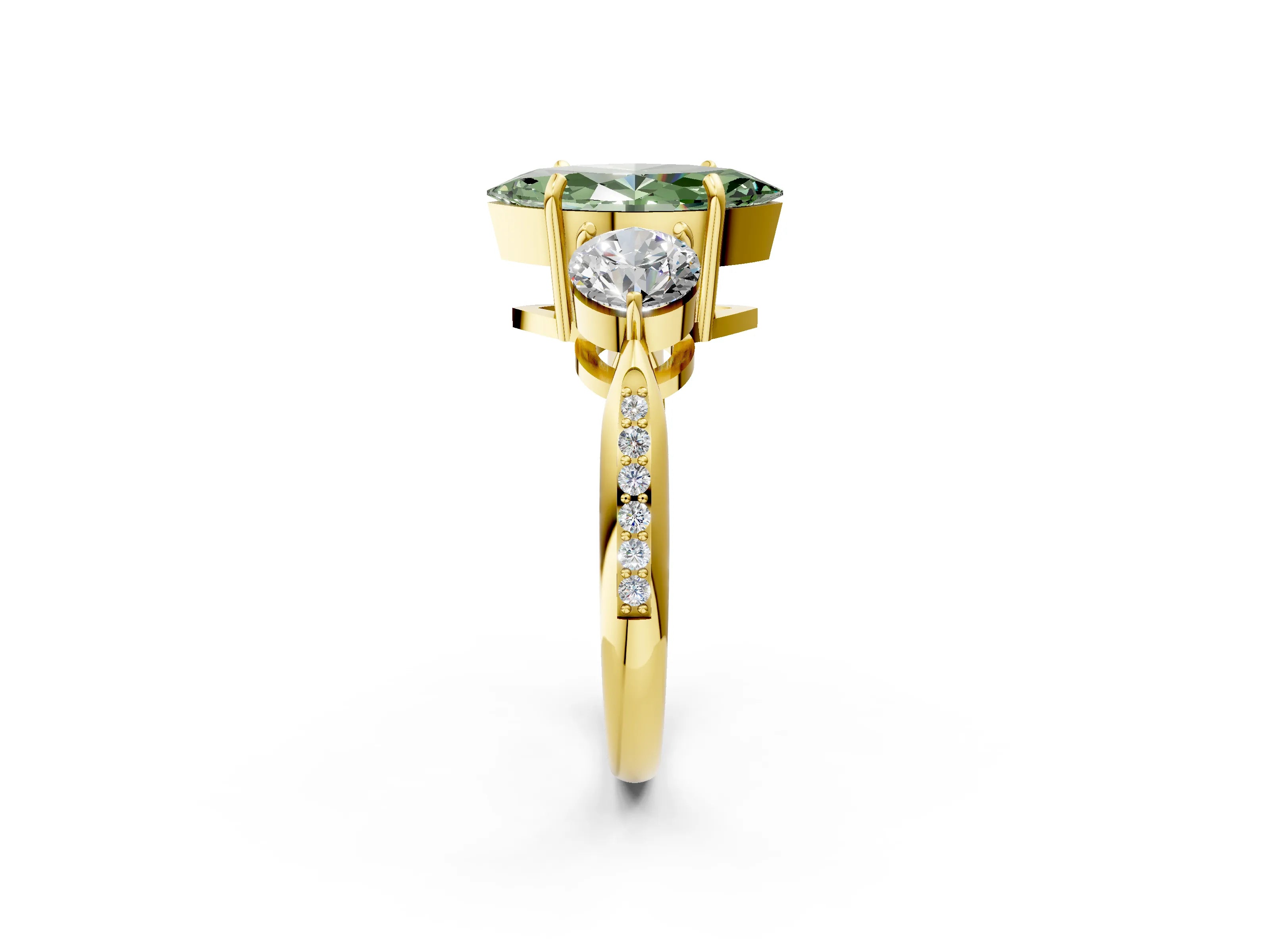 Yellow gold Three-Stone Fancy Green Marquise Cut Diamond Channel Set Engagement Ring with Prong Setting_14