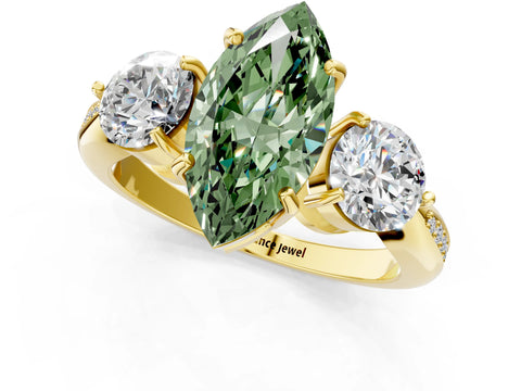 Yellow gold Three-Stone Fancy Green Marquise Cut Diamond Channel Set Engagement Ring with Prong Setting_1
