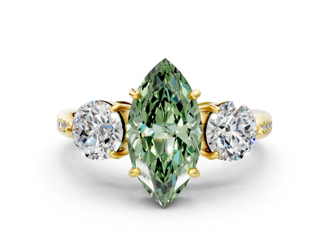 Yellow gold Three-Stone Fancy Green Marquise Cut Diamond Channel Set Engagement Ring with Prong Setting